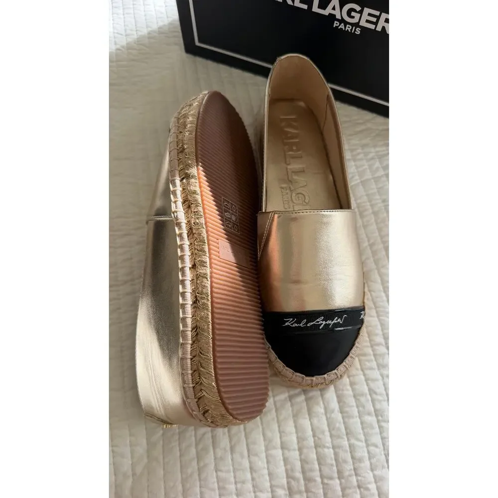 Karl Lagerfeld Paris Gold Metallic Espadrille Flats Size 6 New in Box. $109
